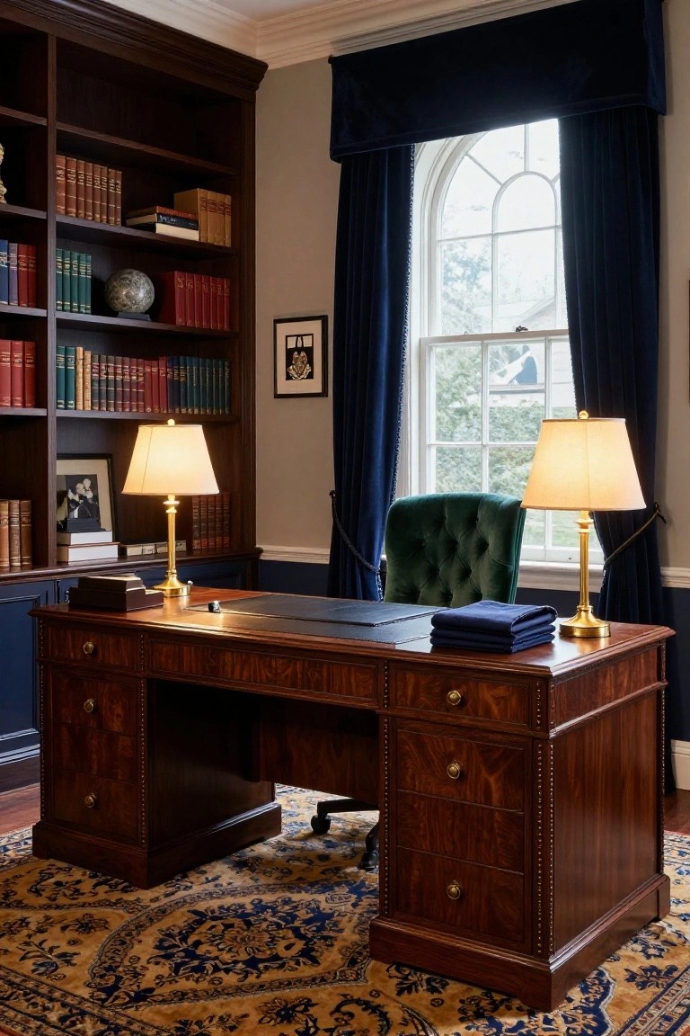 A home office with a large wooden executive desk, two brass lamps, a green tufted chair, and built-in bookshelves filled with books.