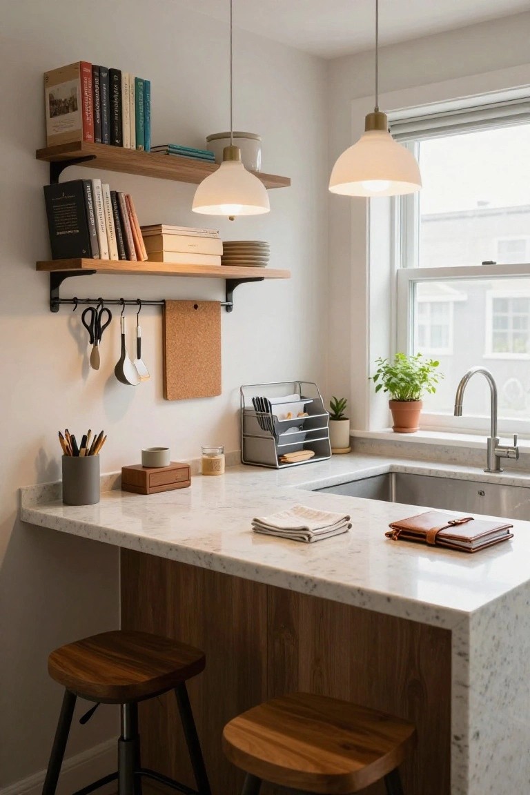 Modern kitchen with marble counter, wooden shelves of books, pendant lights, and stools.