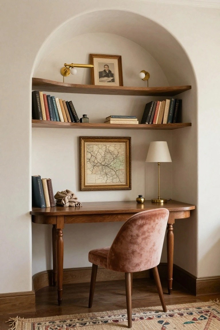 A wooden desk and pink upholstered chair sit inside a white arched alcove with built-in wooden shelves holding books above.