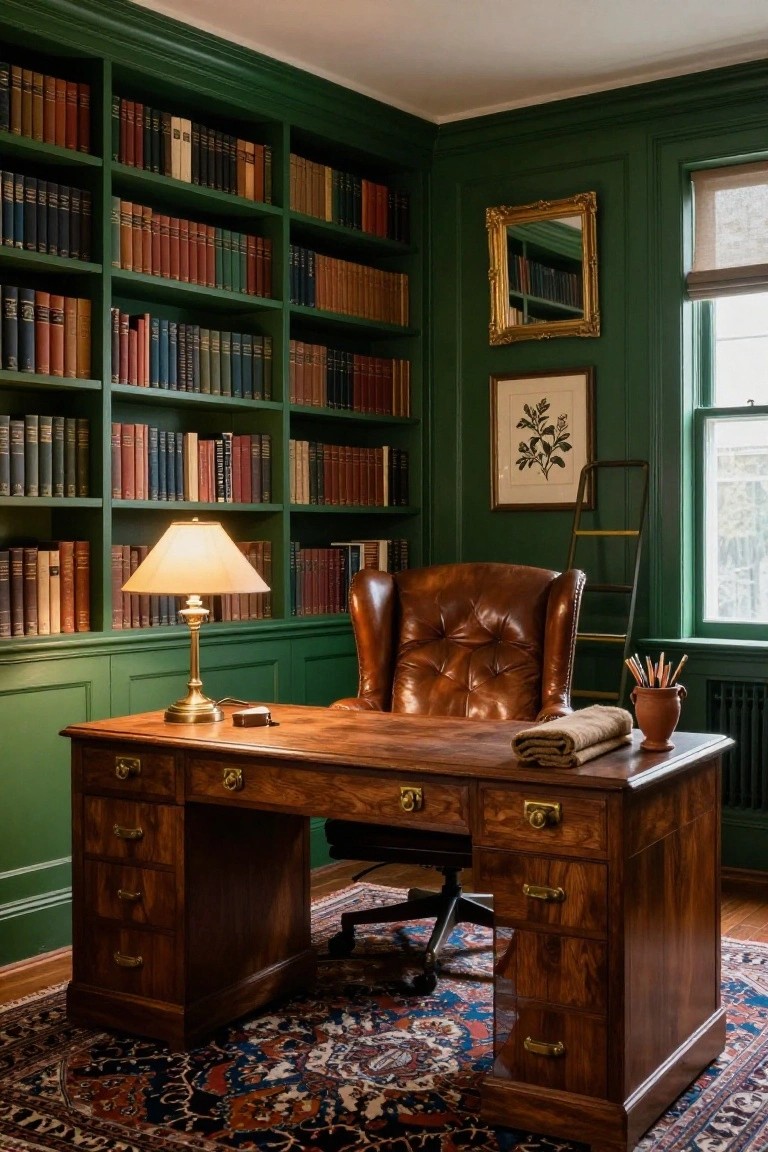A home office featuring green walls, floor-to-ceiling built-in bookshelves filled with books, a wooden desk, and a brown leather chair on a patterned rug.