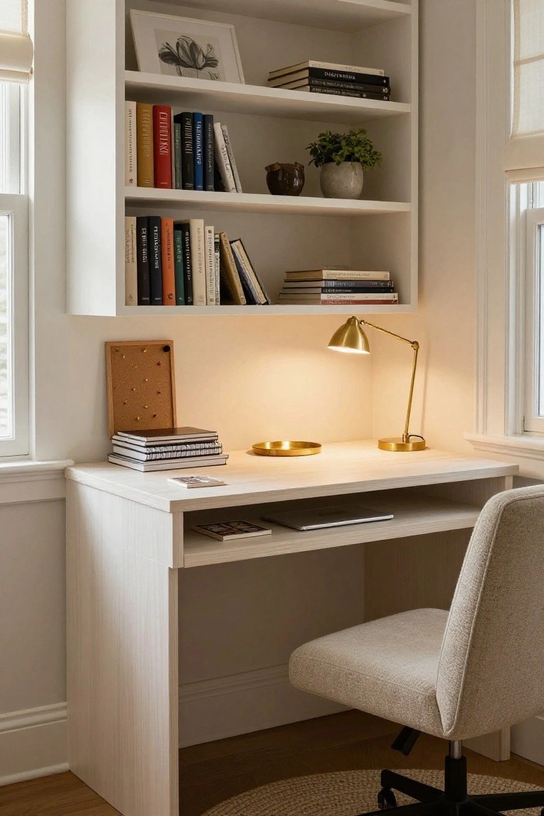 A light wood desk beneath white built-in shelves filled with books, a small plant, and framed art, with a gold desk lamp and upholstered chair.