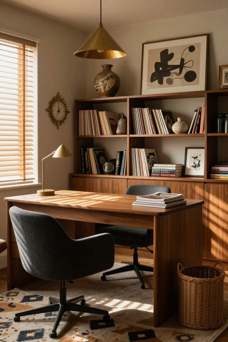 Sunlit mid-century office with wooden desk, built-in bookshelves, and gray swivel chairs