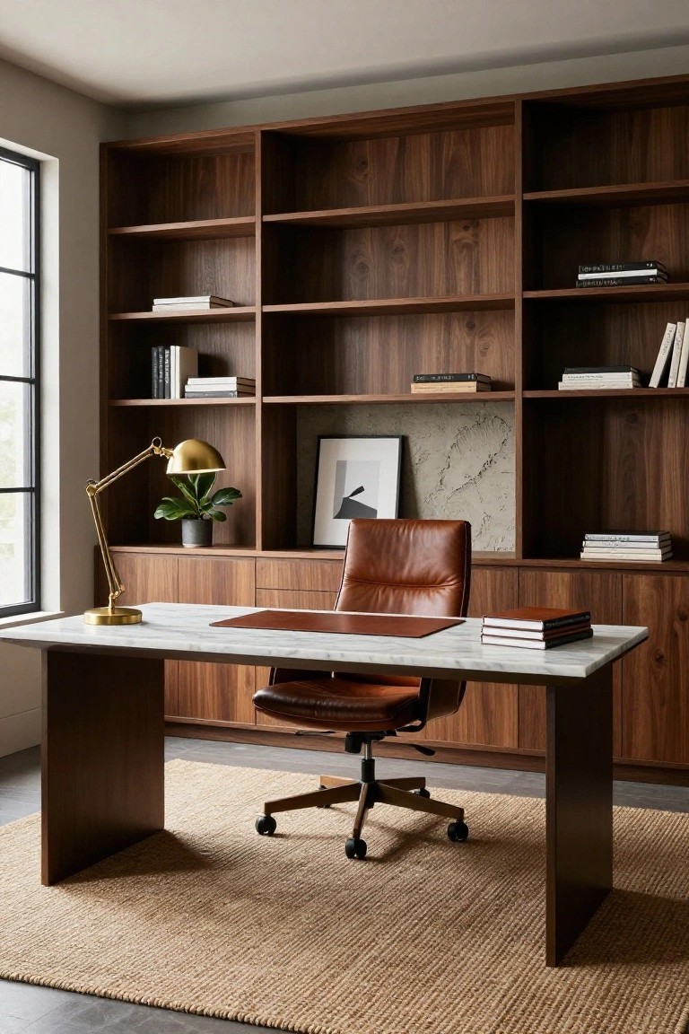 A home office featuring a marble-top desk with a brown leather chair in front of extensive wooden built-in bookshelves.