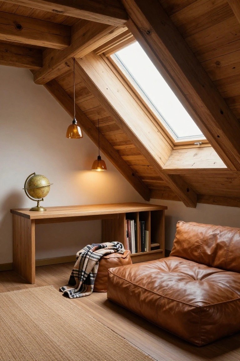 Cozy wooden attic with leather sofa, desk holding globe, and skylight.