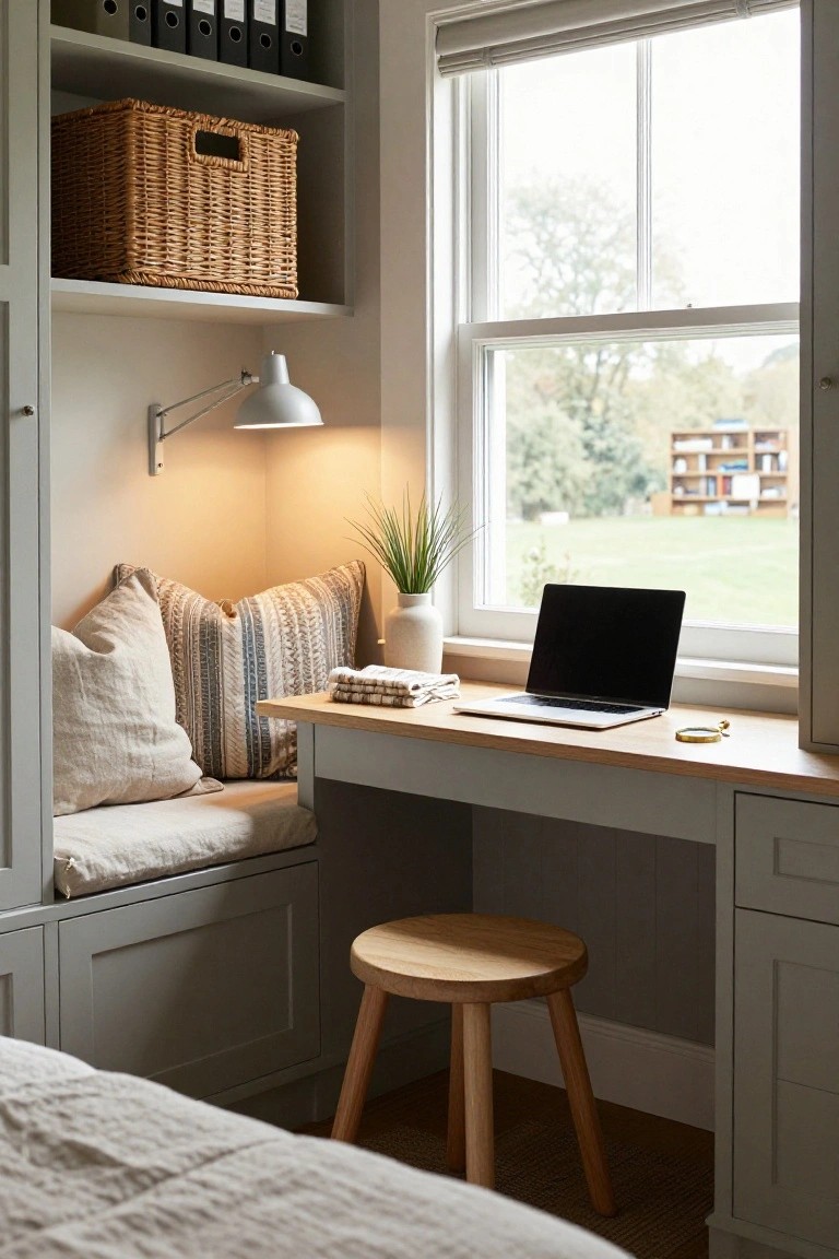 A compact home office with a built-in desk under a large window, a cushioned bench seat with pillows, and a small wooden stool.