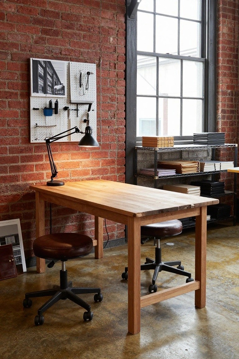 A spacious home office featuring a large wooden desk with two brown rolling stools, a pegboard mounted on a red brick wall, and metal shelving holding files and books beside a tall window.