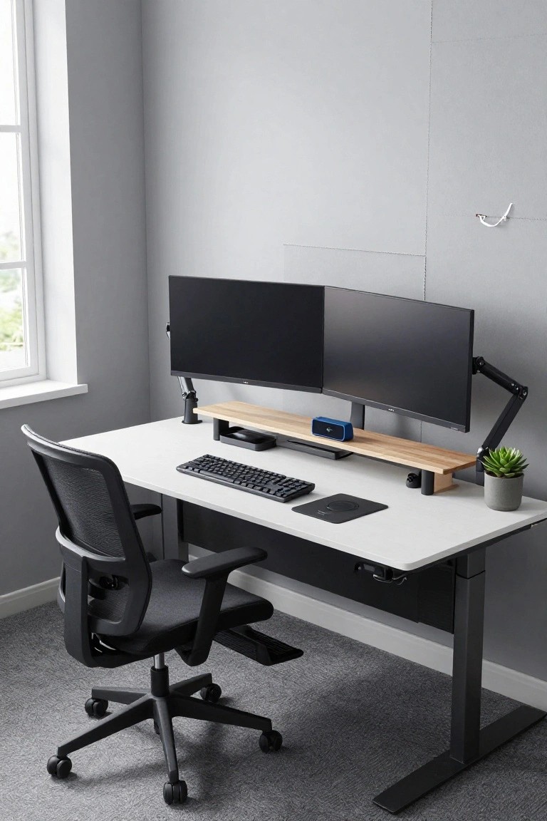 A home office featuring a white desk with dual monitors mounted on black adjustable arms above a light wood shelf, a black ergonomic office chair, and minimal desk accessories on gray carpet.