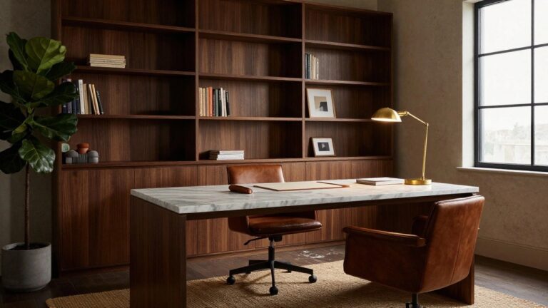 A home office featuring a marble-top desk with a brown leather chair in front of extensive wooden built-in bookshelves.