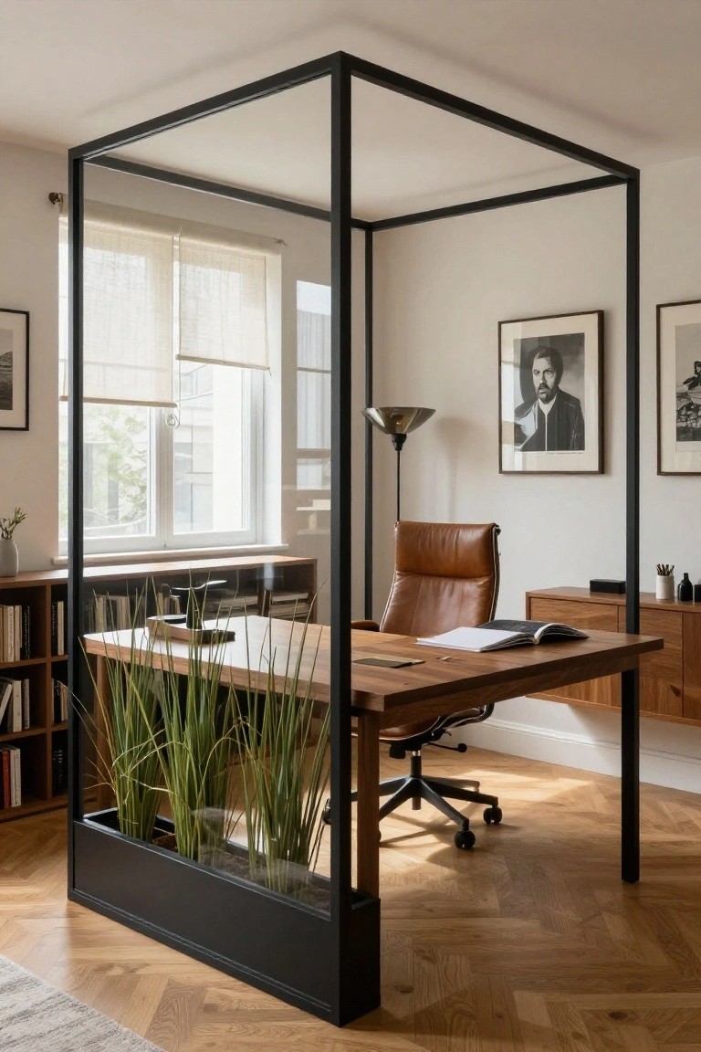 A home office desk and chair inside a black metal and glass enclosure with plants at the base.