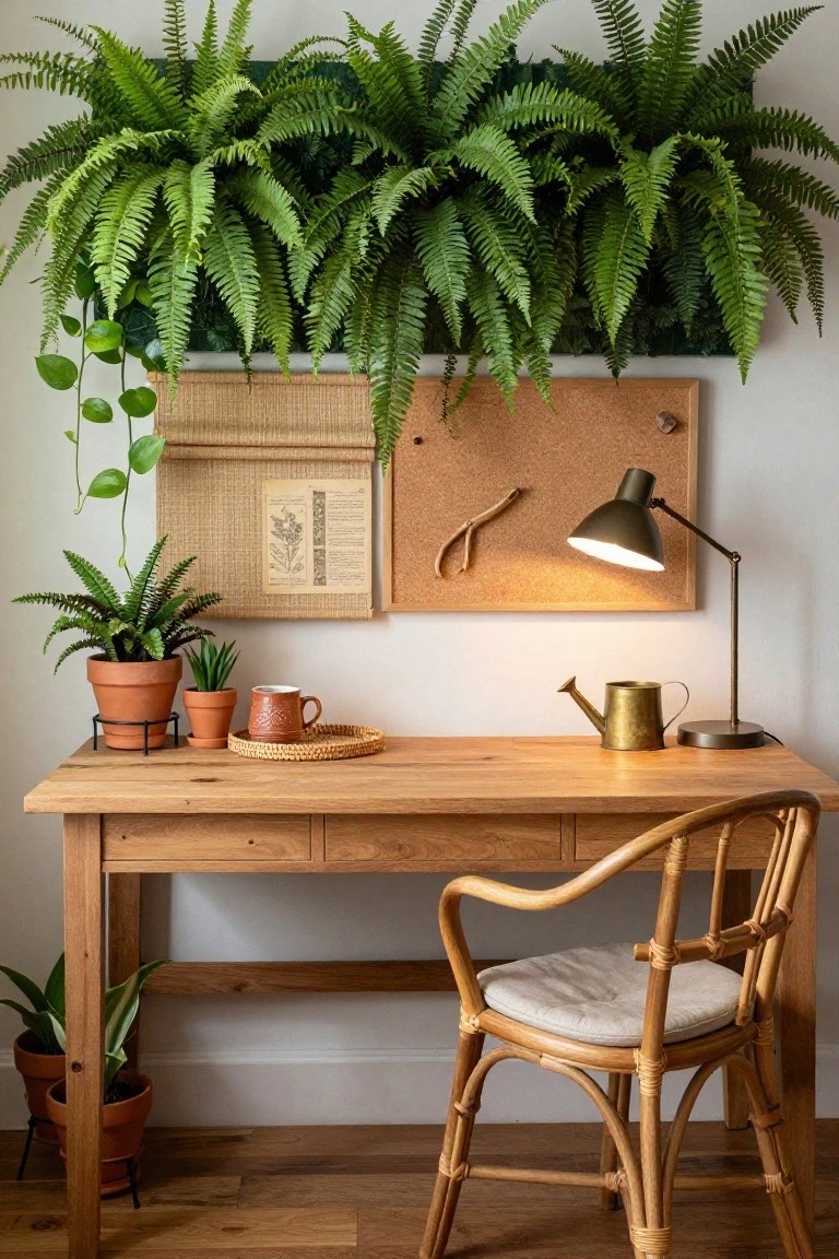 A wooden desk with a rattan chair in front, a lit desk lamp, small potted plants on the surface, and large hanging ferns mounted on the wall above a corkboard.