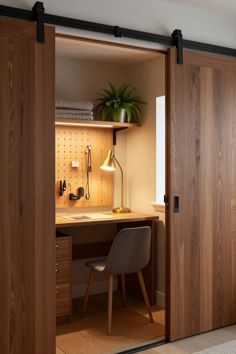Sliding wooden doors open to desk with lamp, pegboard, plant, and gray chair
