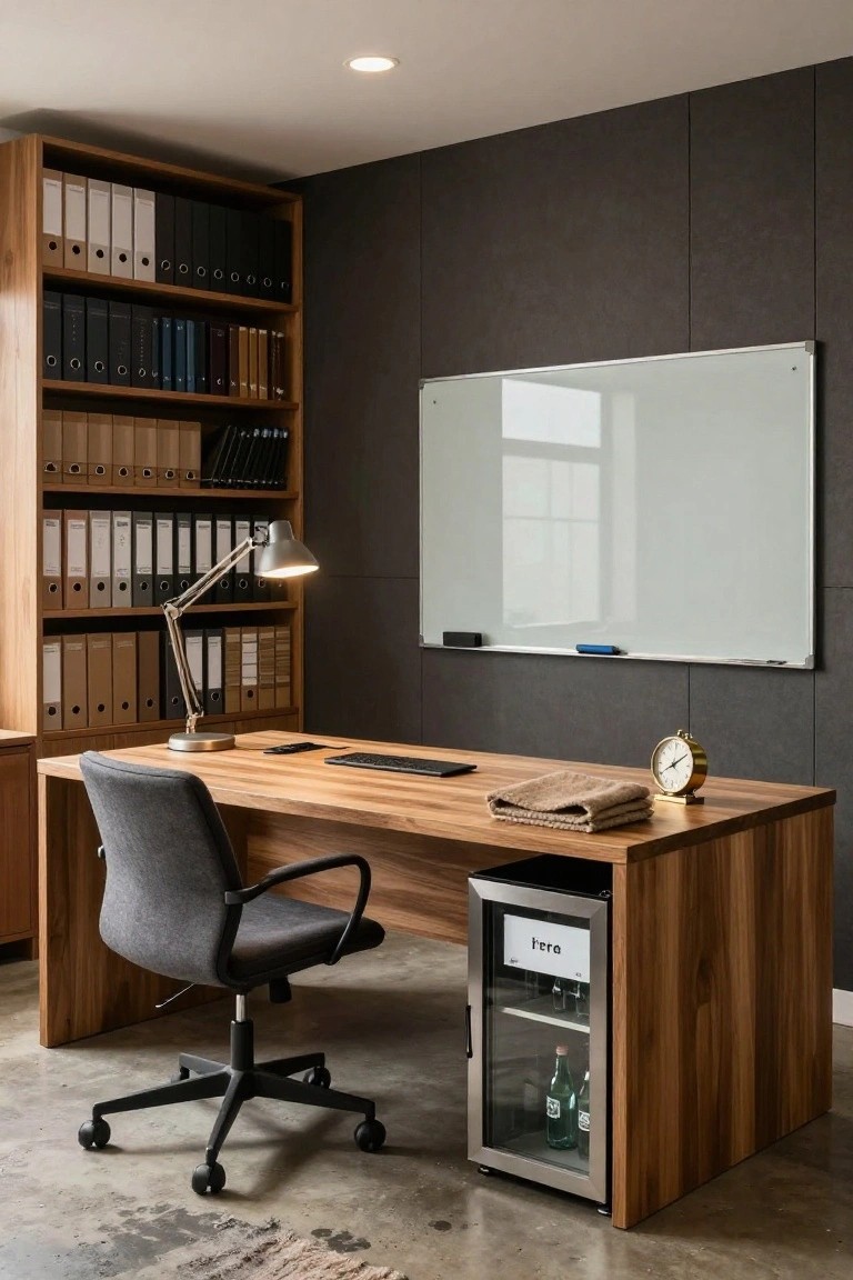 A home office with a wooden desk that has a built-in mini fridge on the right side, a gray office chair, a large bookshelf with binders, and a whiteboard mounted on the wall.
