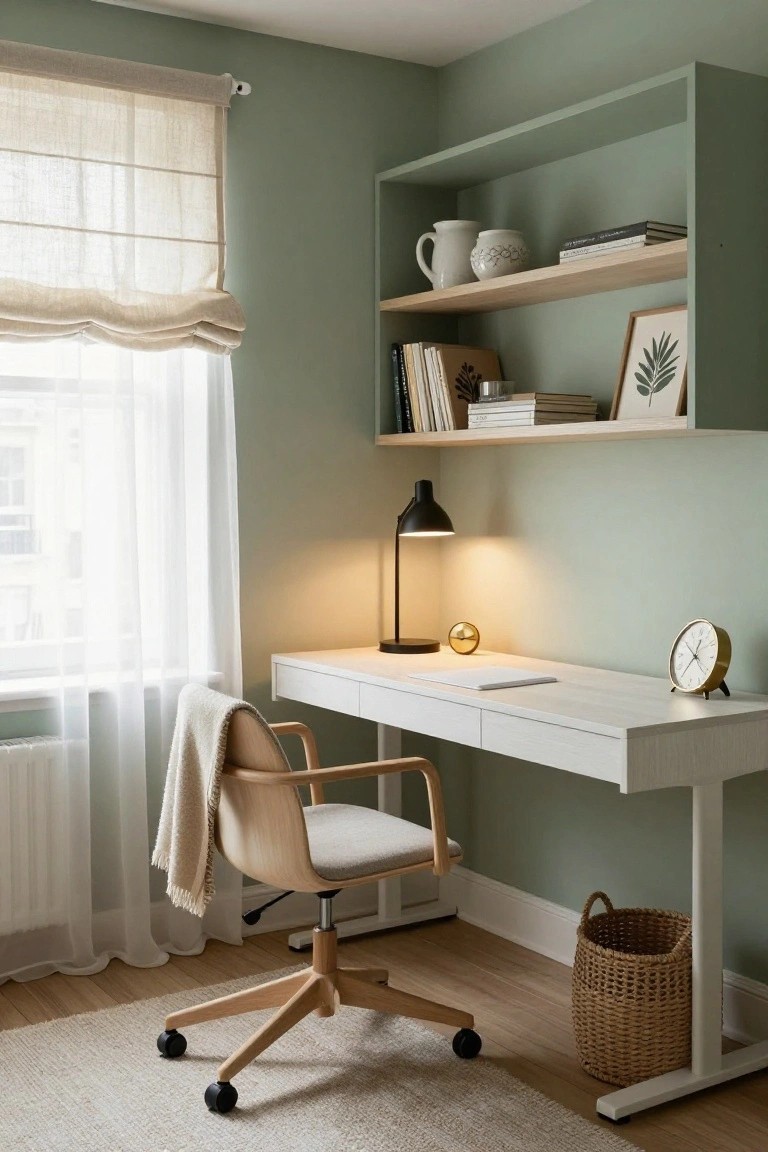 Minimalist white desk with wooden chair in sage green home office with shelves