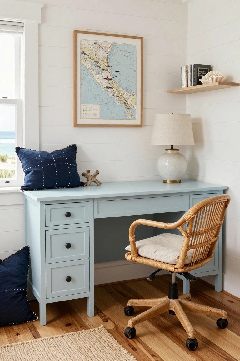 A light blue desk with three drawers sits against white shiplap walls beneath a framed map, paired with a rattan swivel chair on a wood floor next to a window.