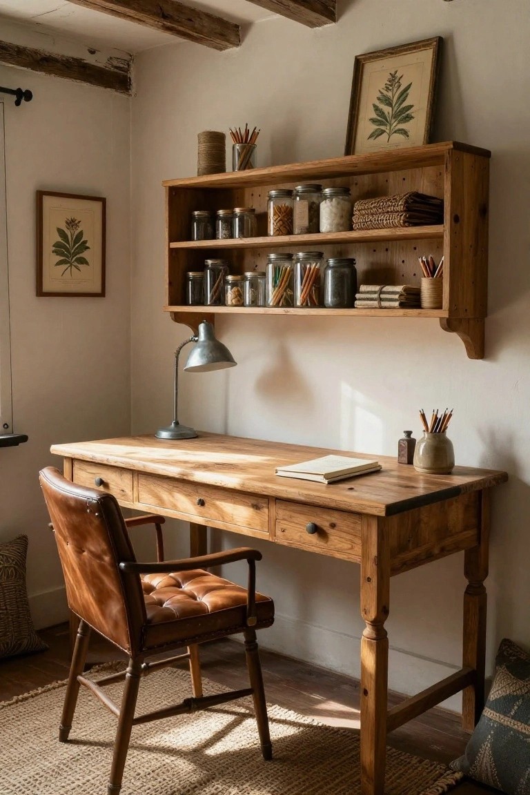 Rustic wooden desk with brown leather chair, wall shelves of jars, and botanical prints