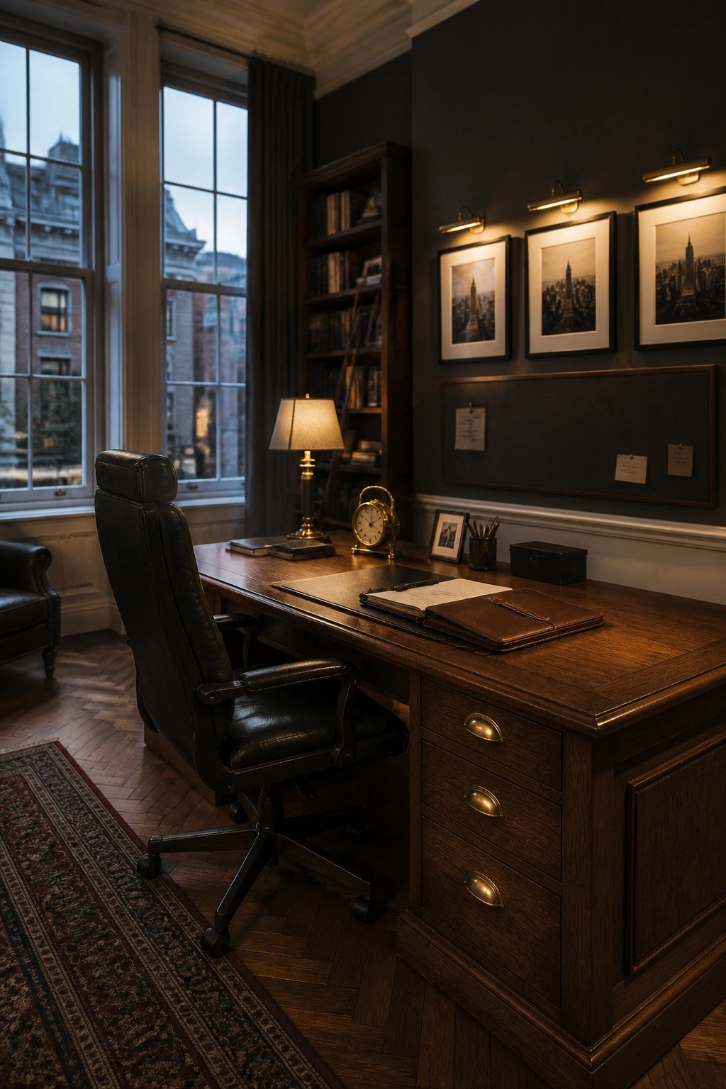 A home office with a large wooden desk, black leather chair, bookshelves, and three framed pictures on a dark wall.