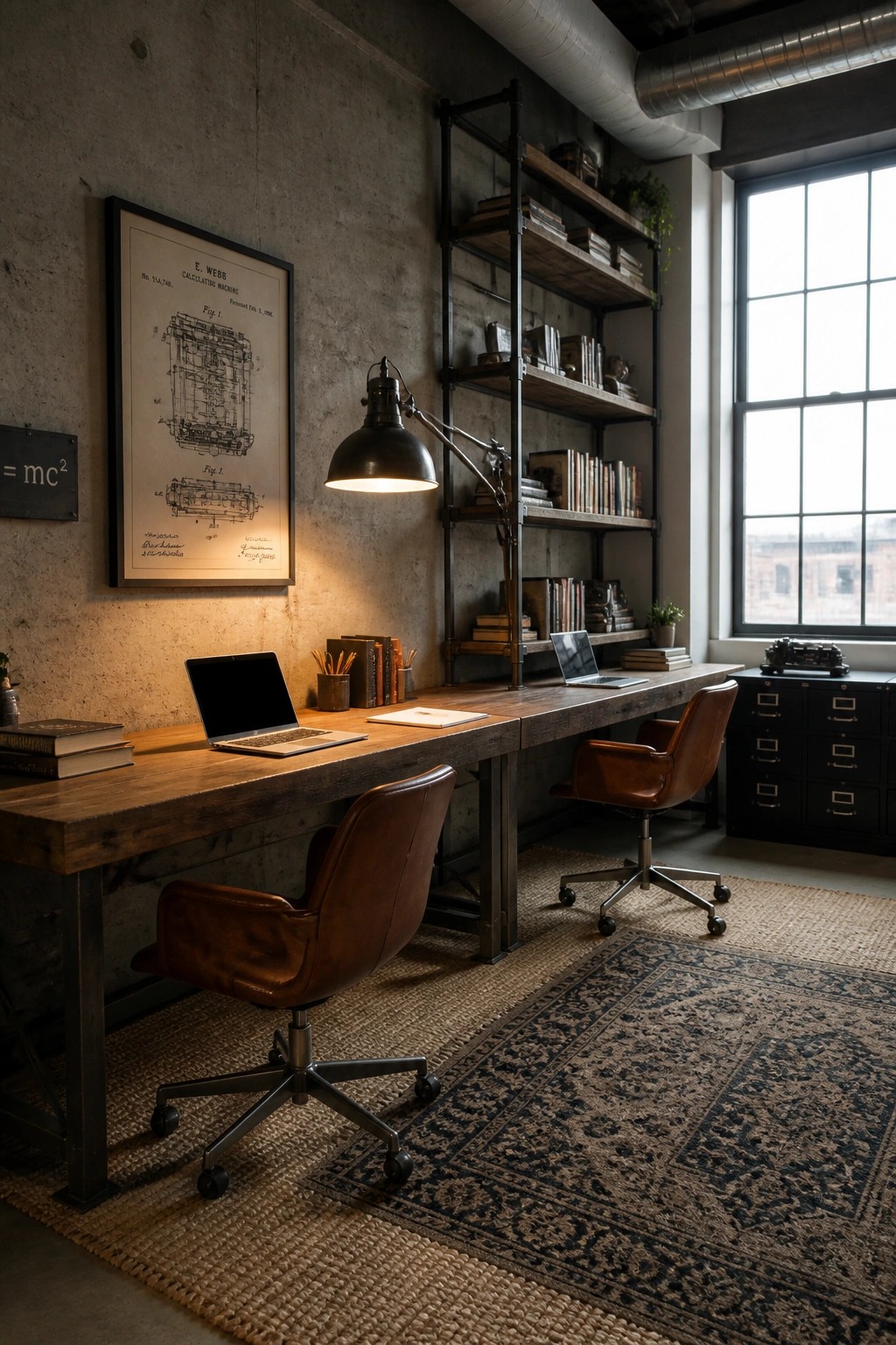 A home office with a long wooden desk, two brown leather swivel chairs, black metal shelving filled with books, and a large framed patent drawing on a concrete wall next to a tall window.