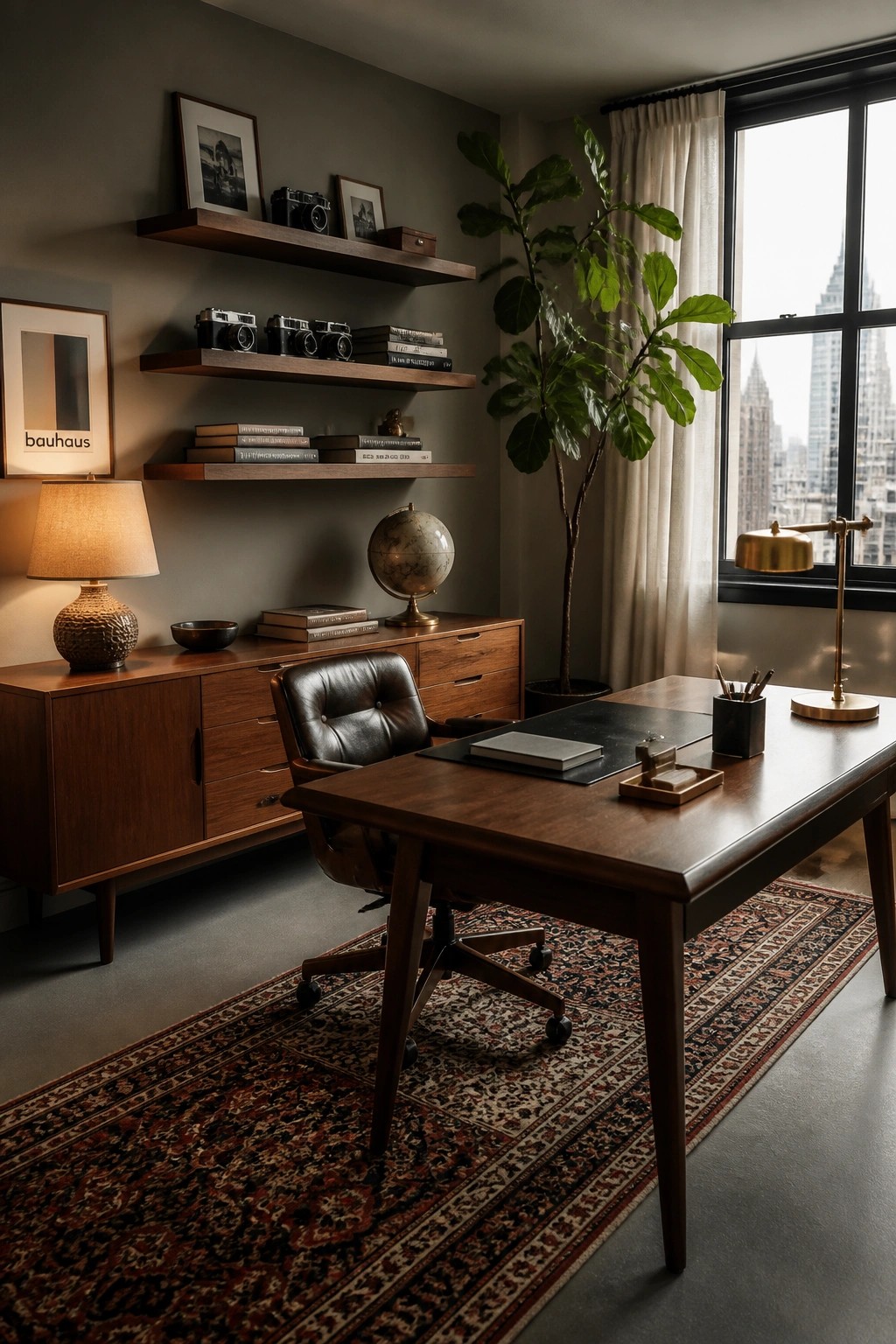 A masculine home office with a large wooden desk on an ornate patterned rug, a brown leather office chair, wooden wall shelves, and a window with a city view.