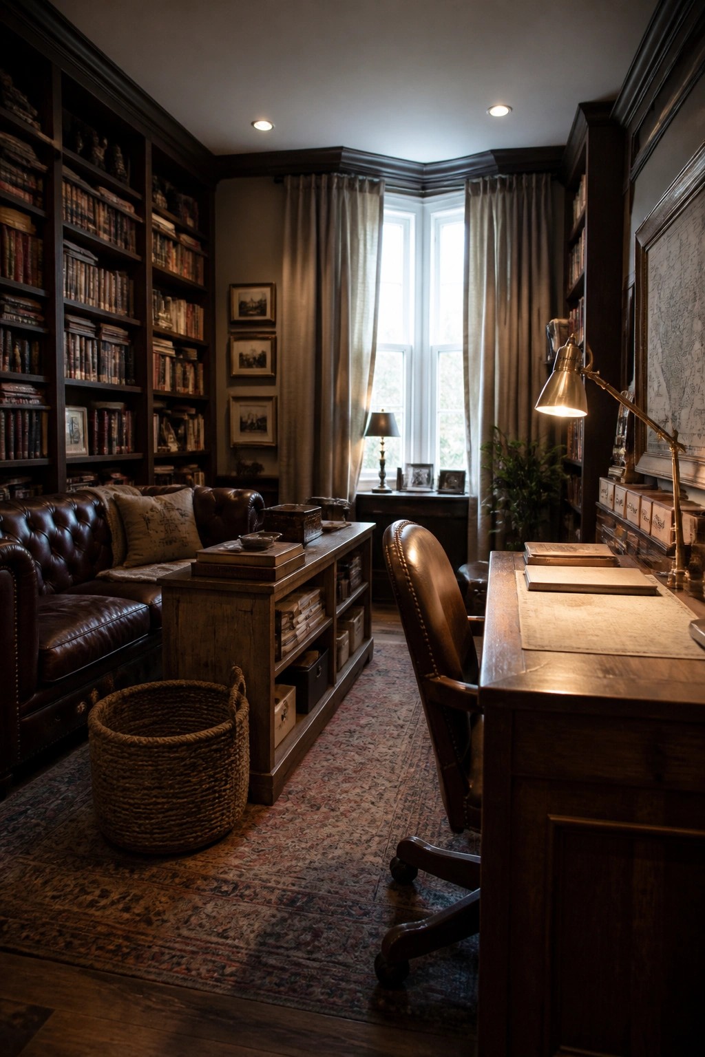 Dark wooden library with leather sofa, desk, chair, and curtained window