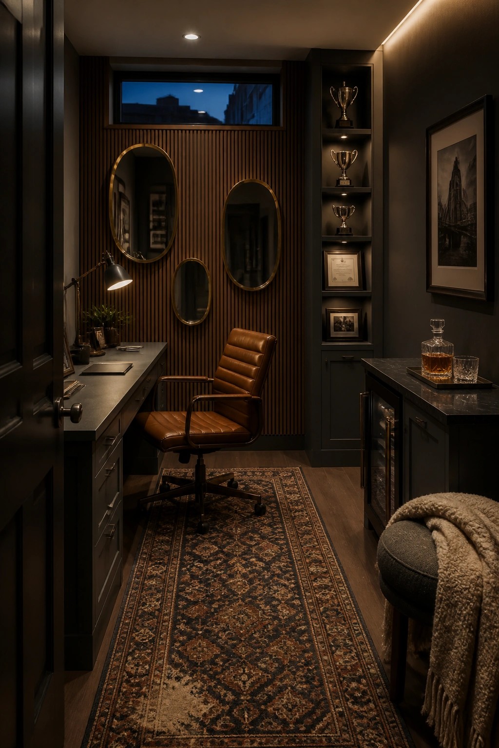 A narrow home office with a brown leather swivel chair at a dark desk, wood slat wall with three oval mirrors, built-in shelving holding trophies and frames, and a side cabinet with a decanter.