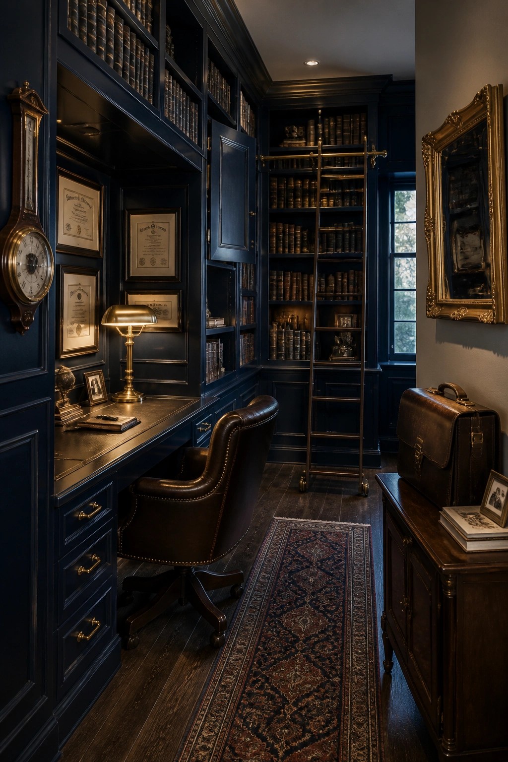 A dark navy paneled home office with built-in bookshelves, a leather swivel chair at a wooden desk, and a rolling library ladder.