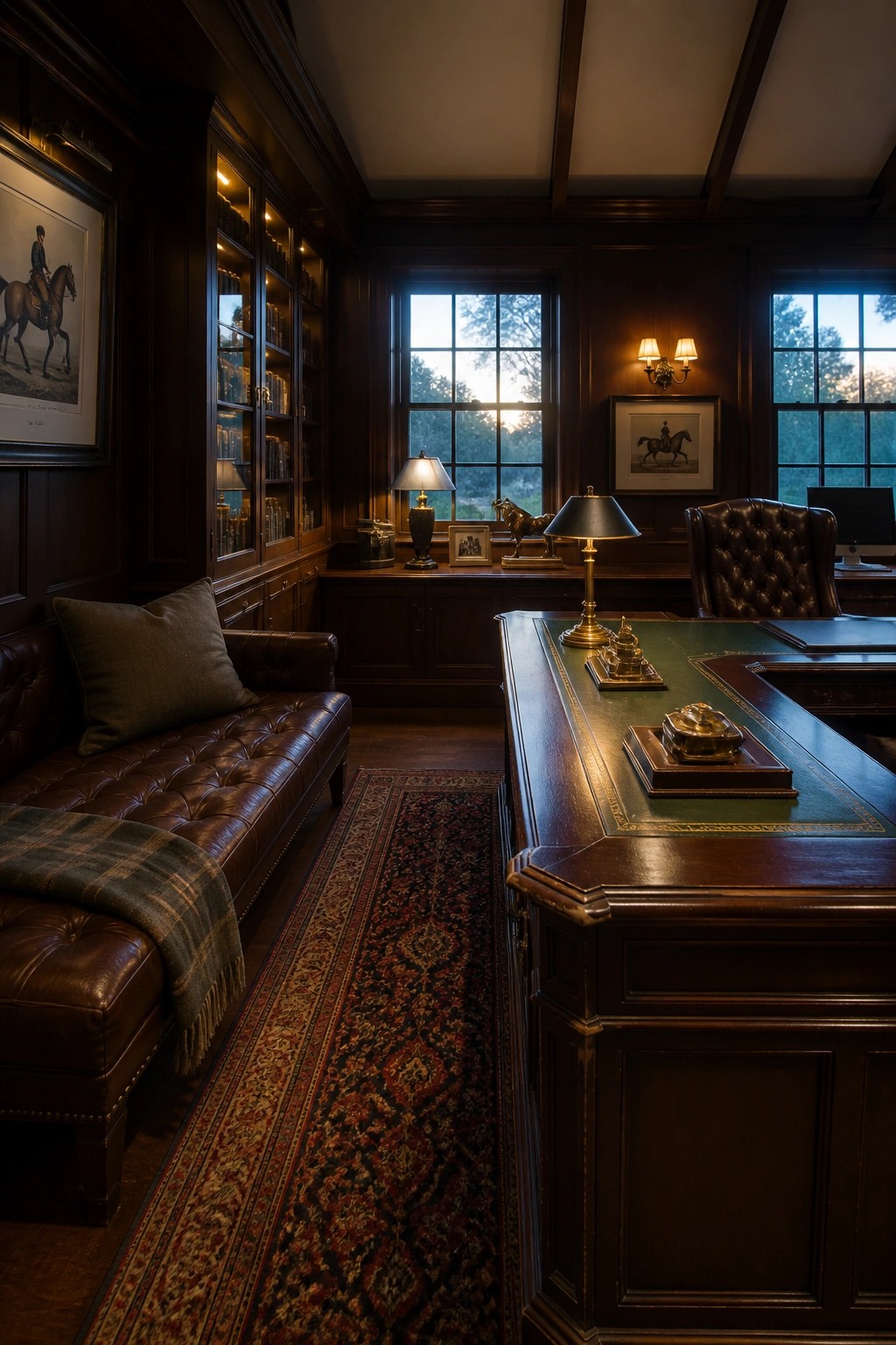 A dark wood paneled home office with built-in glass-front bookshelves, a large desk with green leather top, brown leather sofa, and two windows at the back.