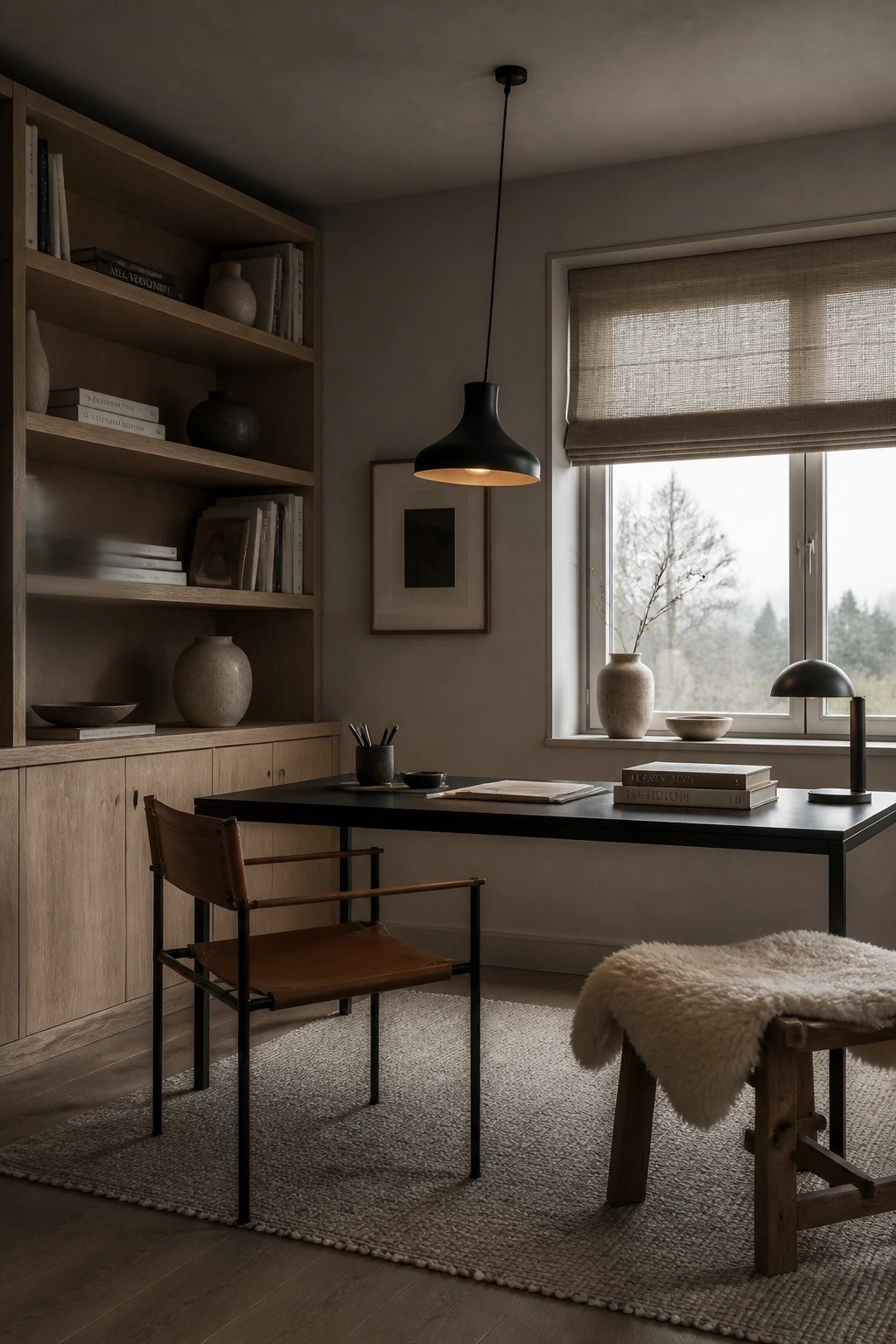 A home office featuring light wood built-in shelving along one wall, a black desk with a leather chair, and a large window with a woven shade.