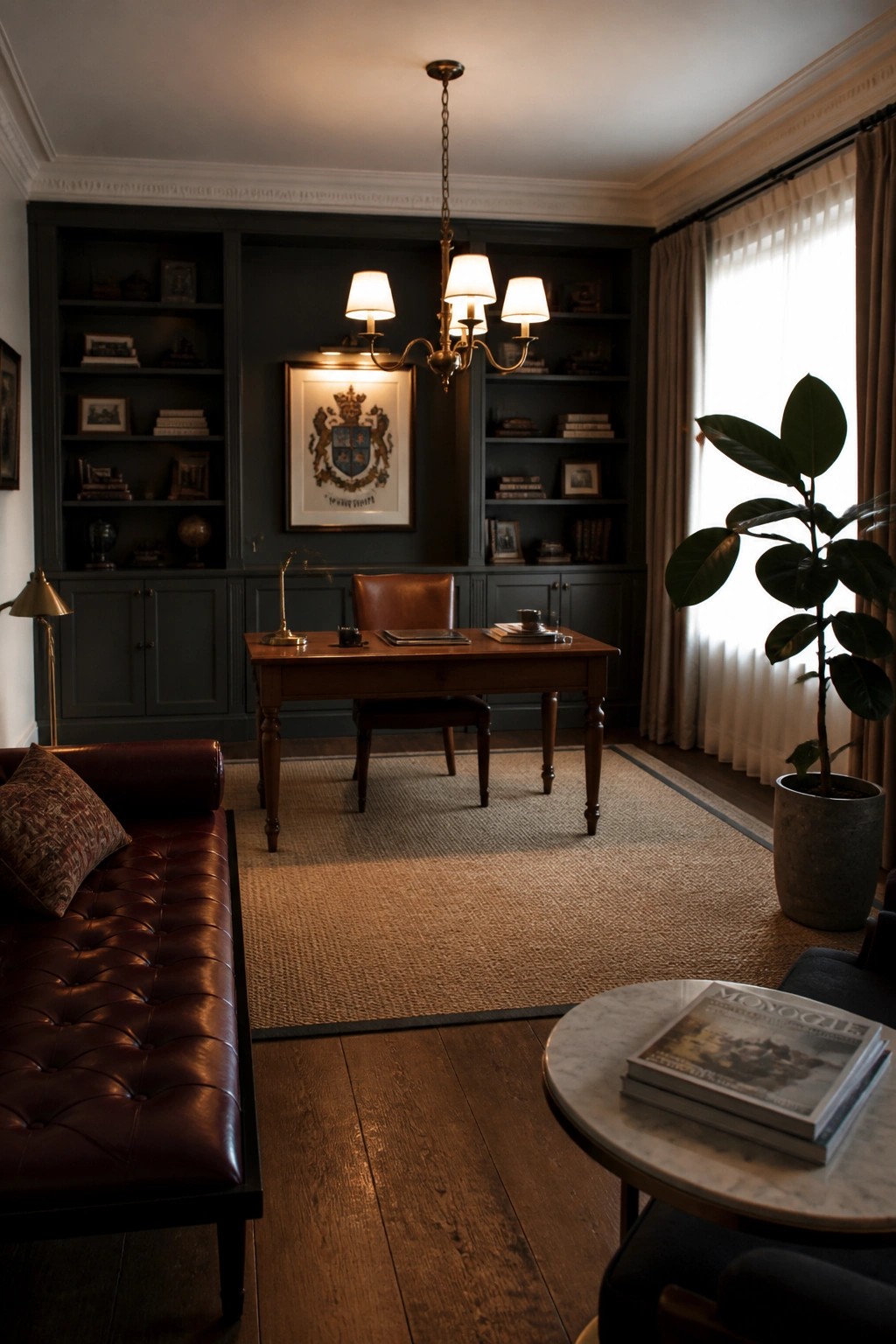 A masculine home office with dark built-in bookshelves, a wooden desk, brown leather chair, and tufted leather sofa.