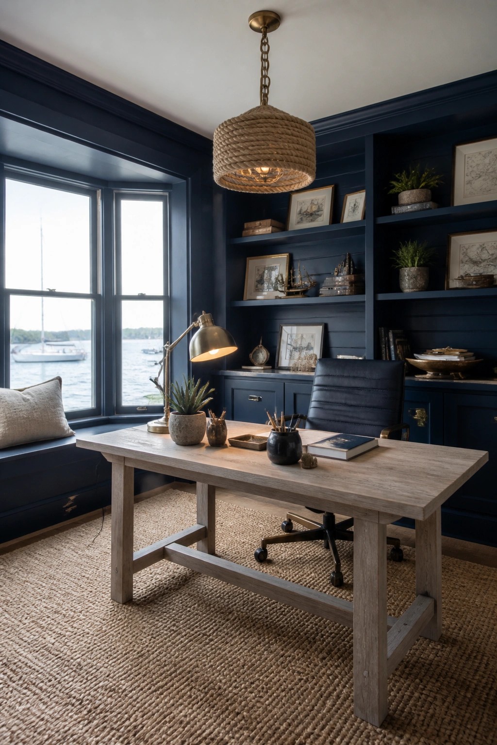 A home office with a light wood desk, navy built-in shelving along the back wall, a black leather chair, and a large window overlooking water.