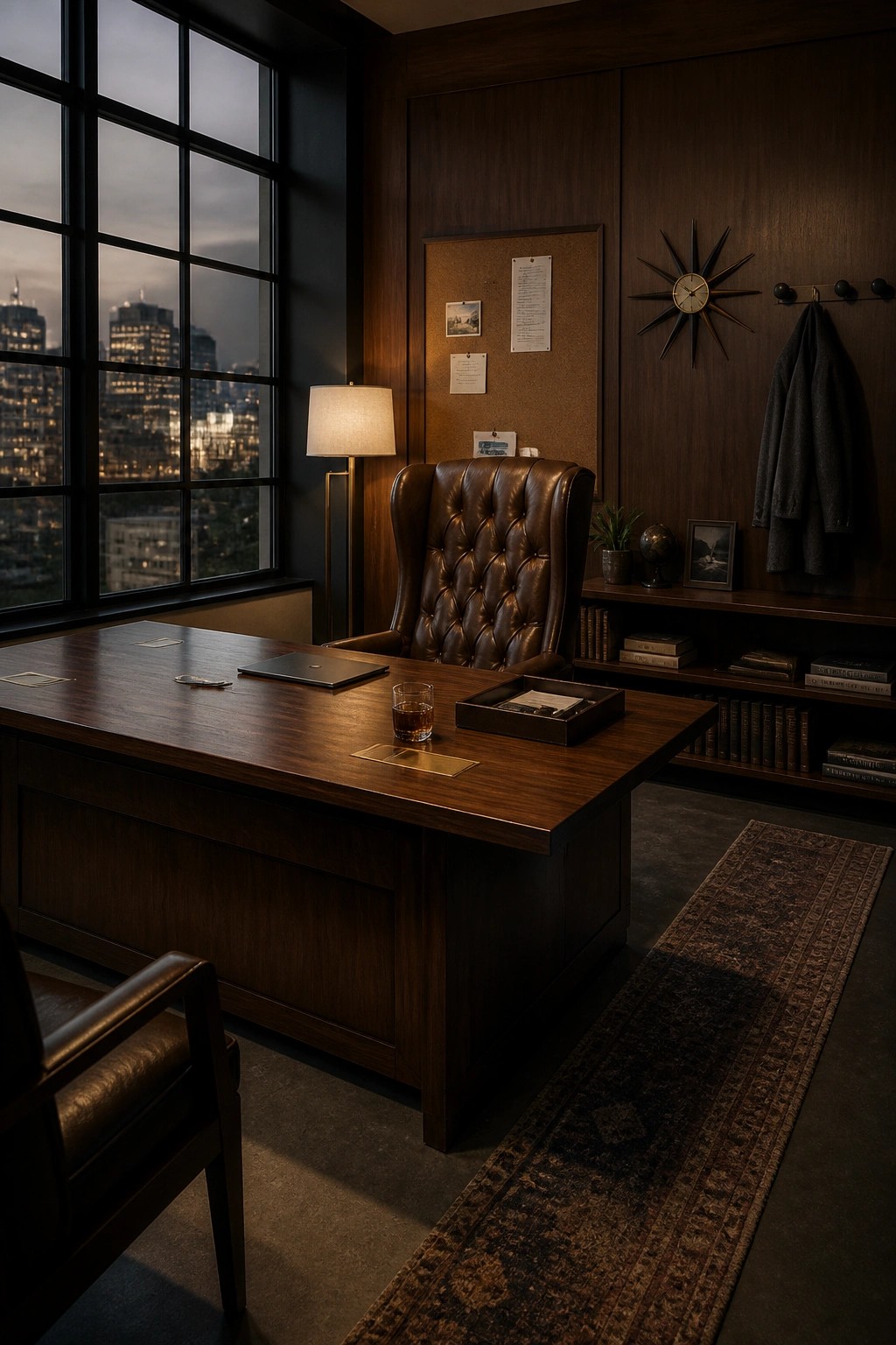 A dimly lit home office featuring a large dark wood desk with a brown leather executive chair, a floor lamp, and a nighttime city view through a large window.