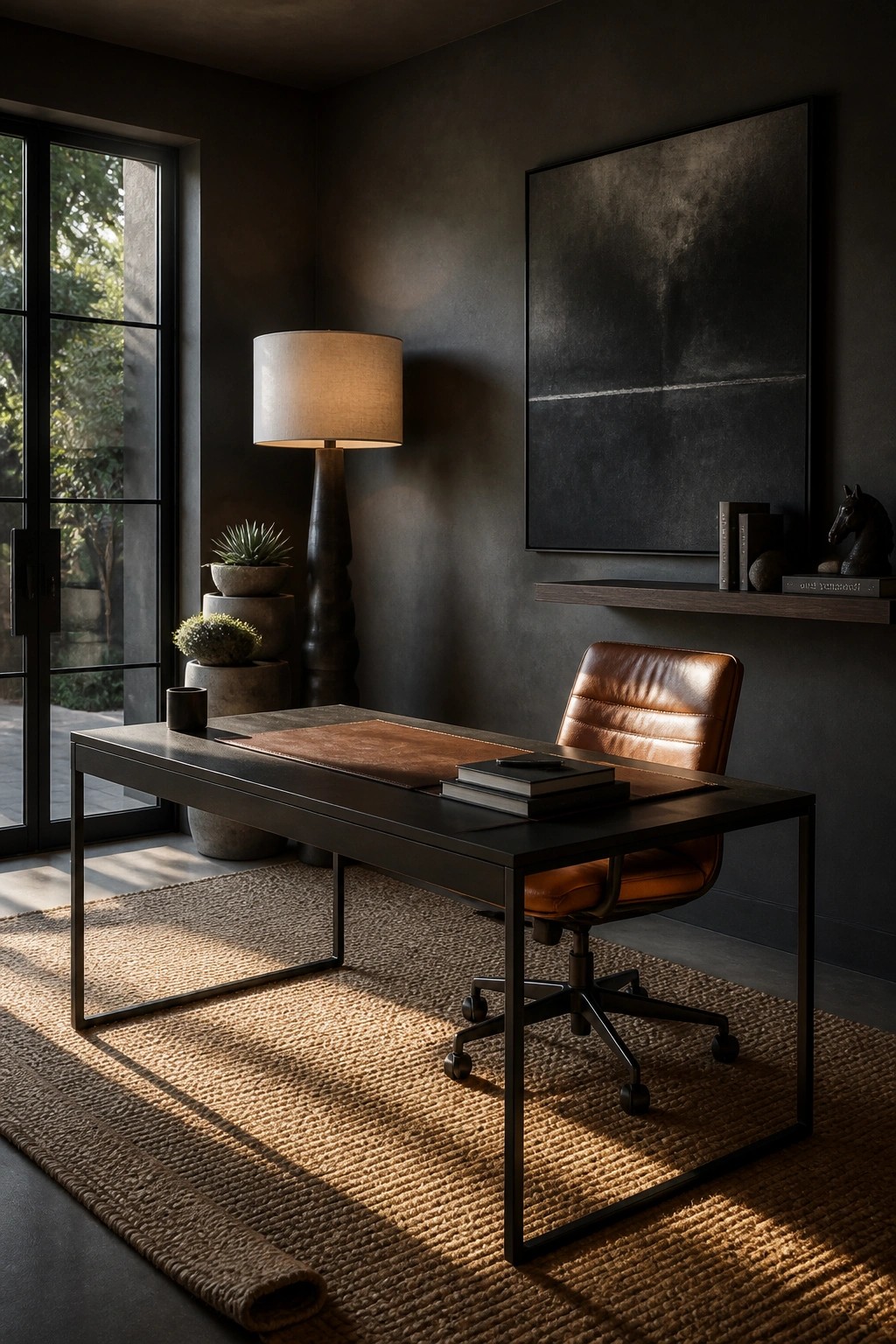 A dark home office with a black desk, brown leather swivel chair, woven rug, floor lamp, and large abstract painting on the wall.