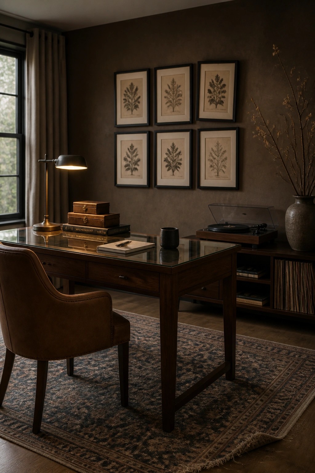 A home office featuring a dark wood desk with a glass top, a brown leather chair, framed botanical prints on the wall, and a record player on a nearby cabinet.