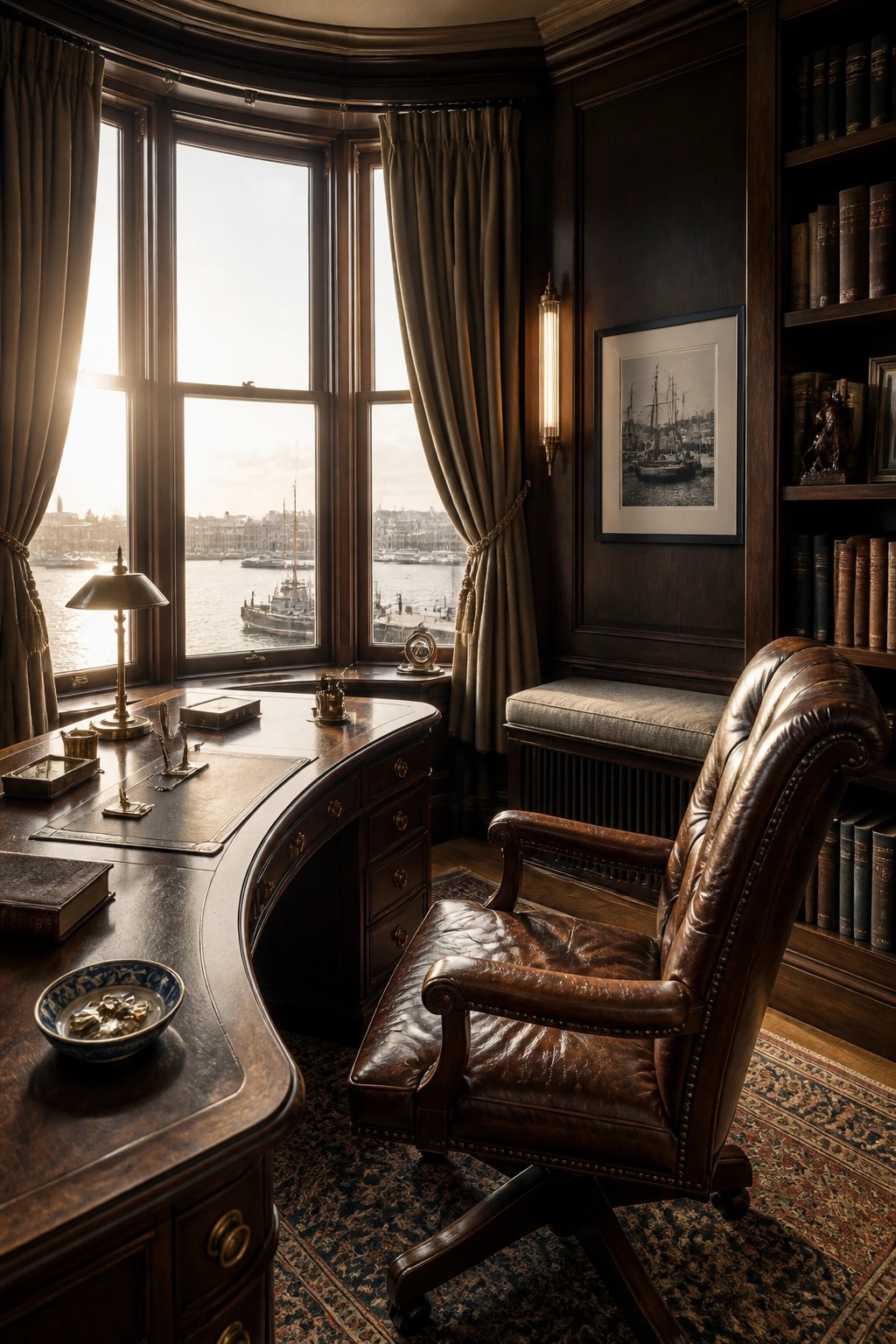 A home office featuring a curved dark wood desk, brown leather swivel chair, built-in bookshelves, and a large bay window with curtains overlooking a body of water.