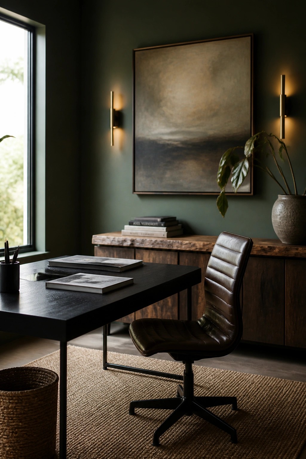 A home office with a dark wooden desk, brown leather swivel chair, deep green walls, abstract art, and wall sconces.