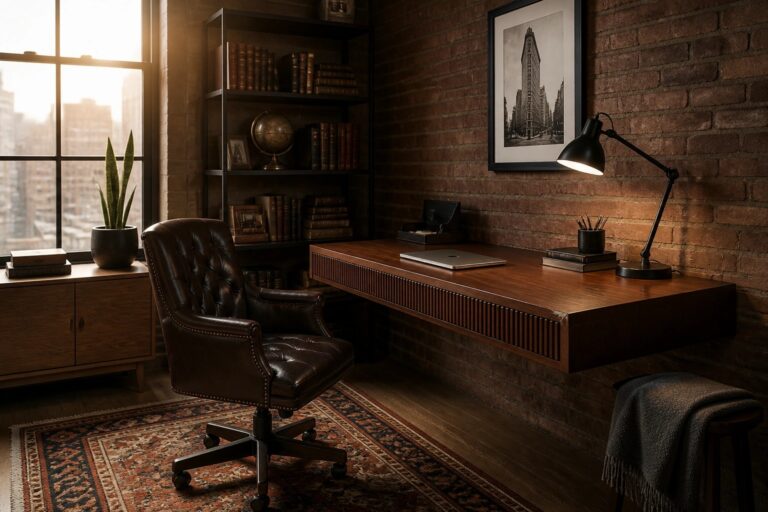 20 Refined Masculine Home Office Ideas for a Polished Professional Look A masculine home office featuring a dark wood floating desk, brown tufted leather swivel chair, exposed brick wall with framed artwork, and built-in black bookshelves beside a large window.
