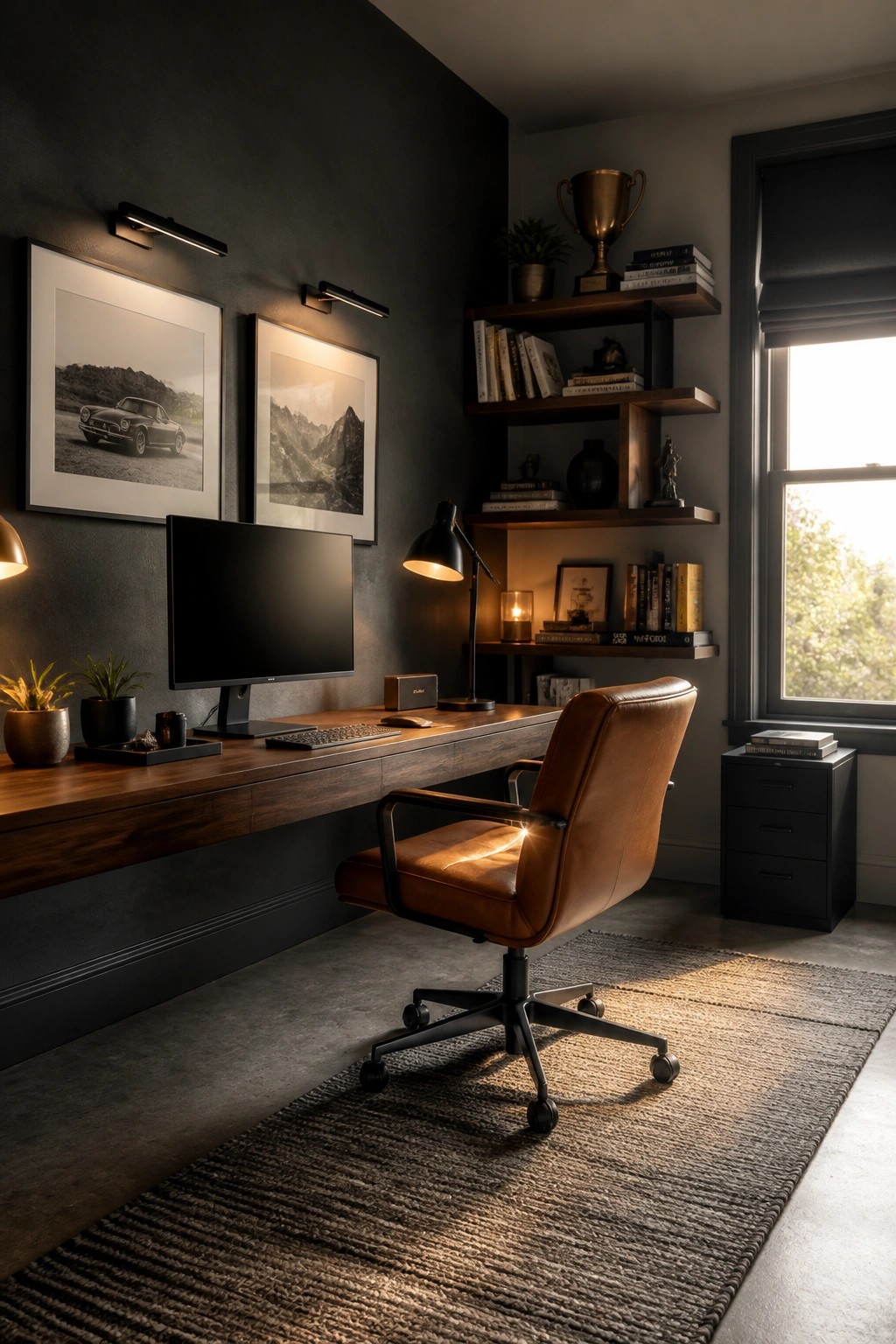 A home office with a long floating wood desk against a dark wall, a brown leather office chair on a woven rug, wall-mounted shelves above the desk, and a large window to the right.
