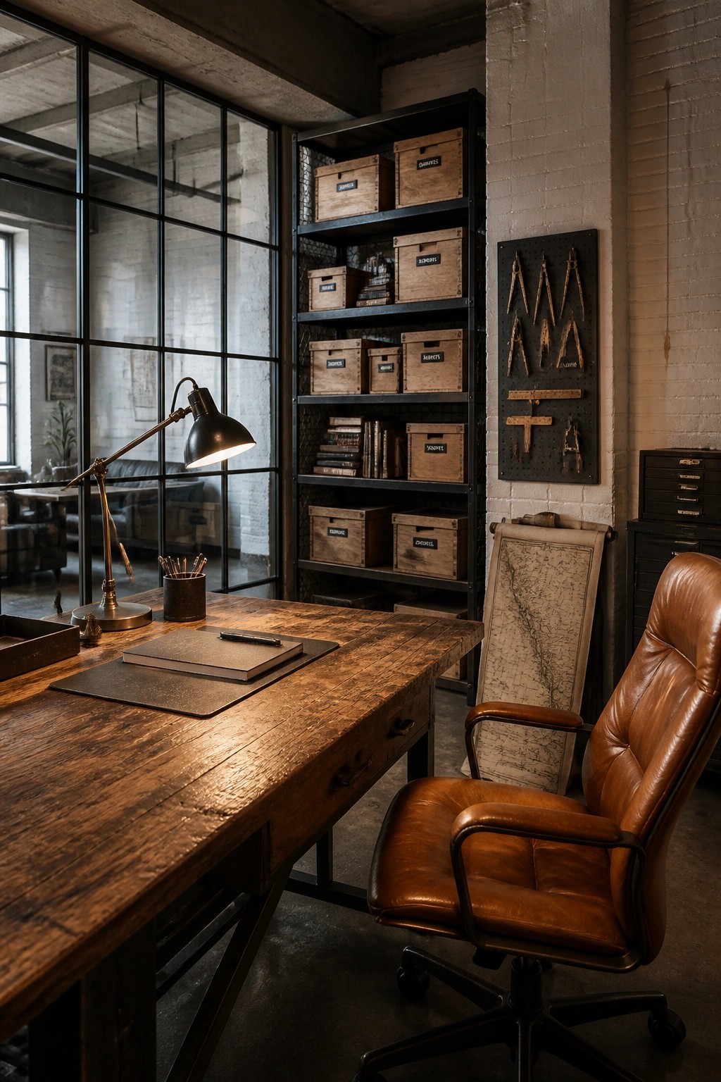 A home office with a large wooden desk, brown leather office chair, and black metal shelving holding wooden storage boxes.