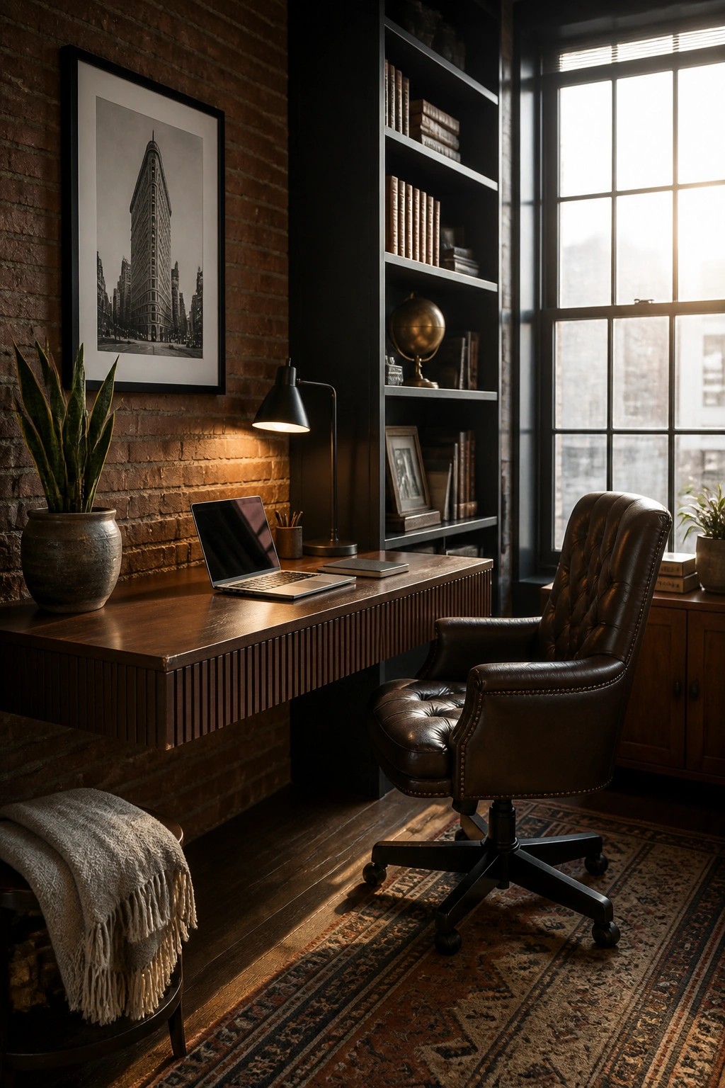A masculine home office featuring a dark wood floating desk, brown tufted leather swivel chair, exposed brick wall with framed artwork, and built-in black bookshelves beside a large window.