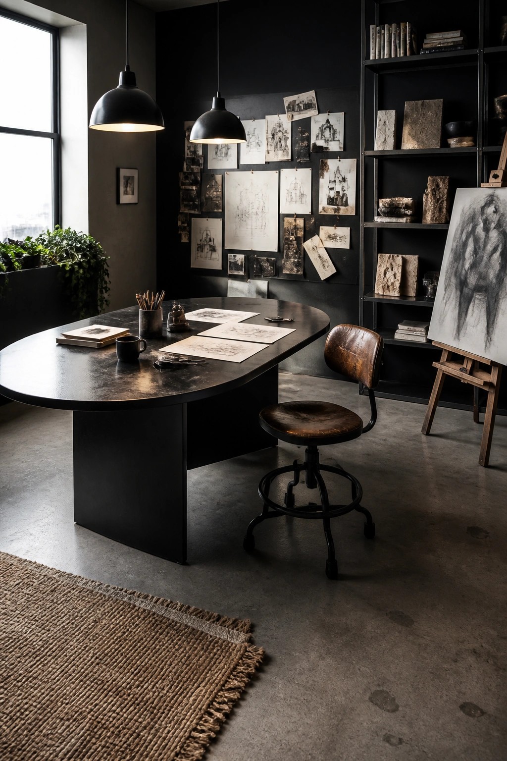 A dark home office features black walls covered with pinned sketches, a large black desk, an industrial swivel chair, black pendant lights, and a tall shelving unit with books and sculptures.
