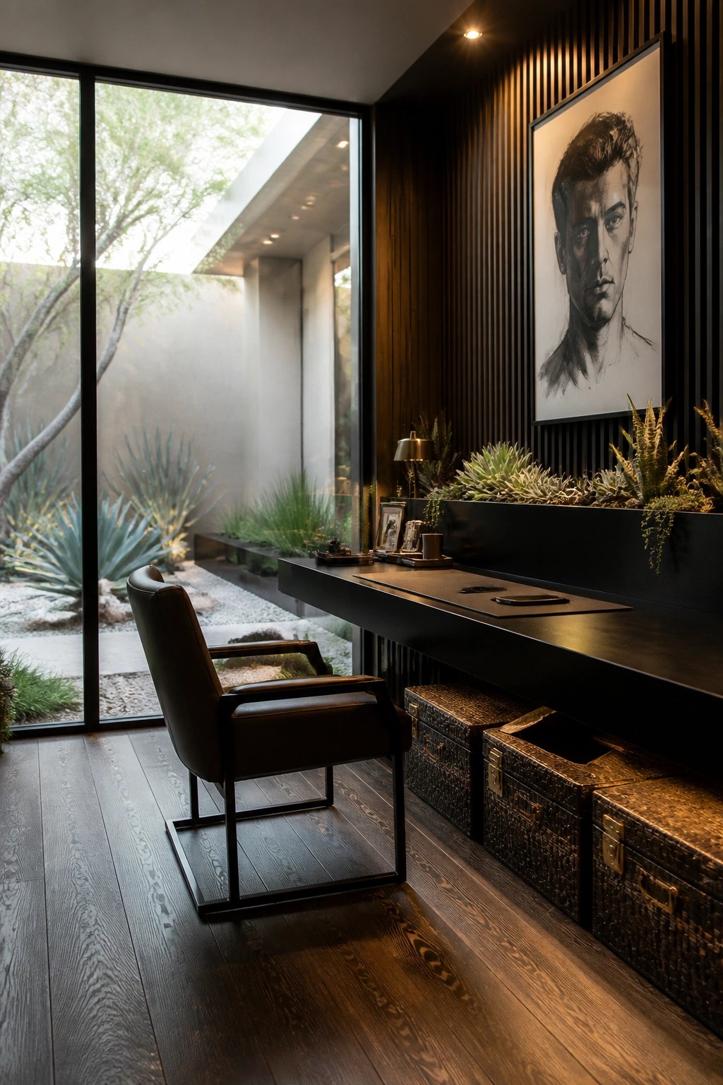 A modern masculine home office with a long black desk, three decorative storage trunks underneath, a brown leather chair, and a large window overlooking an outdoor garden area.