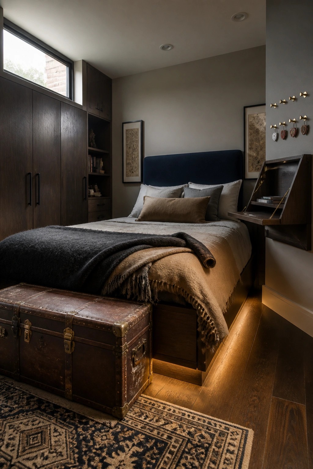 Modern bedroom with navy headboard, vintage trunk, dark wood cabinetry, and warm under-bed lighting.