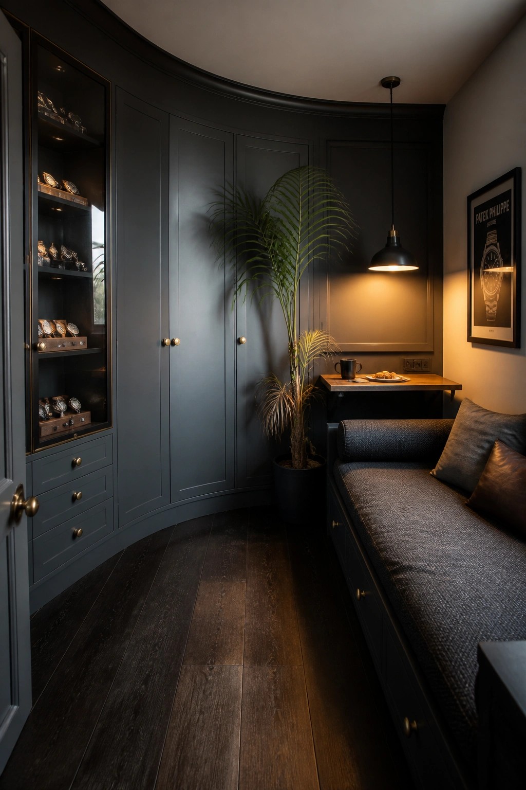 A small dark bedroom with curved built-in cabinetry including a glass display case for watches, a daybed with pillows, a pendant light, and a potted plant.