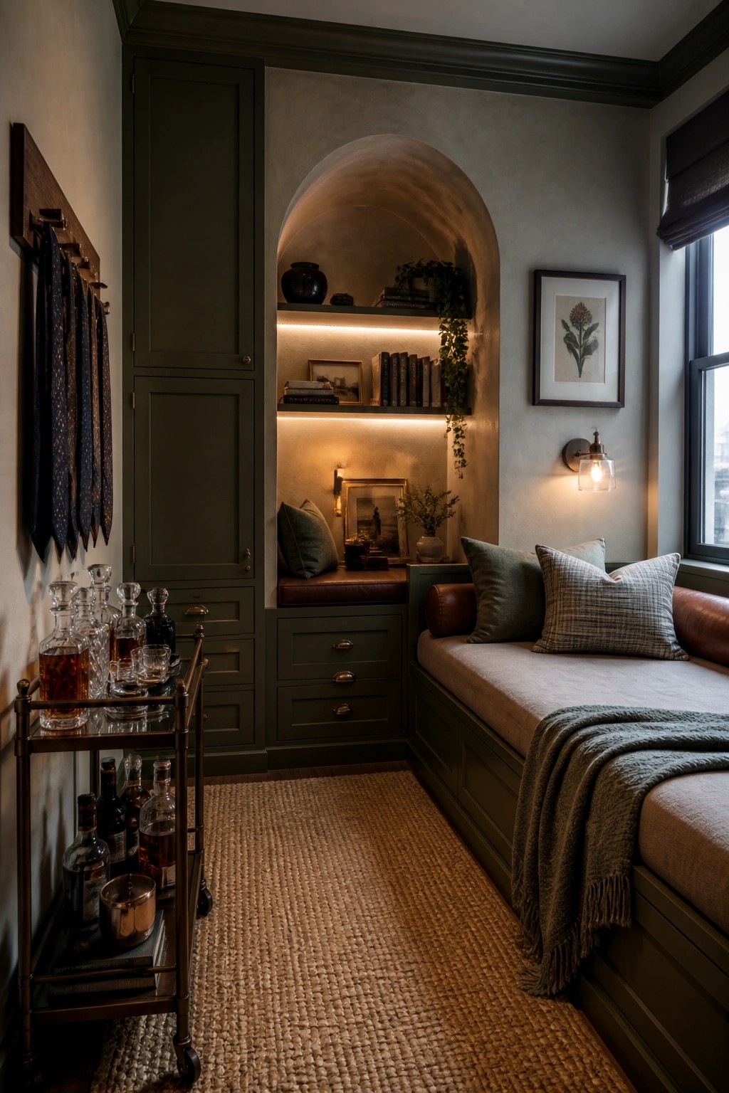 A small bedroom with a built-in daybed in an arched alcove, green cabinetry with drawers below the bed, a bar cart with bottles, and a woven rug on the floor.