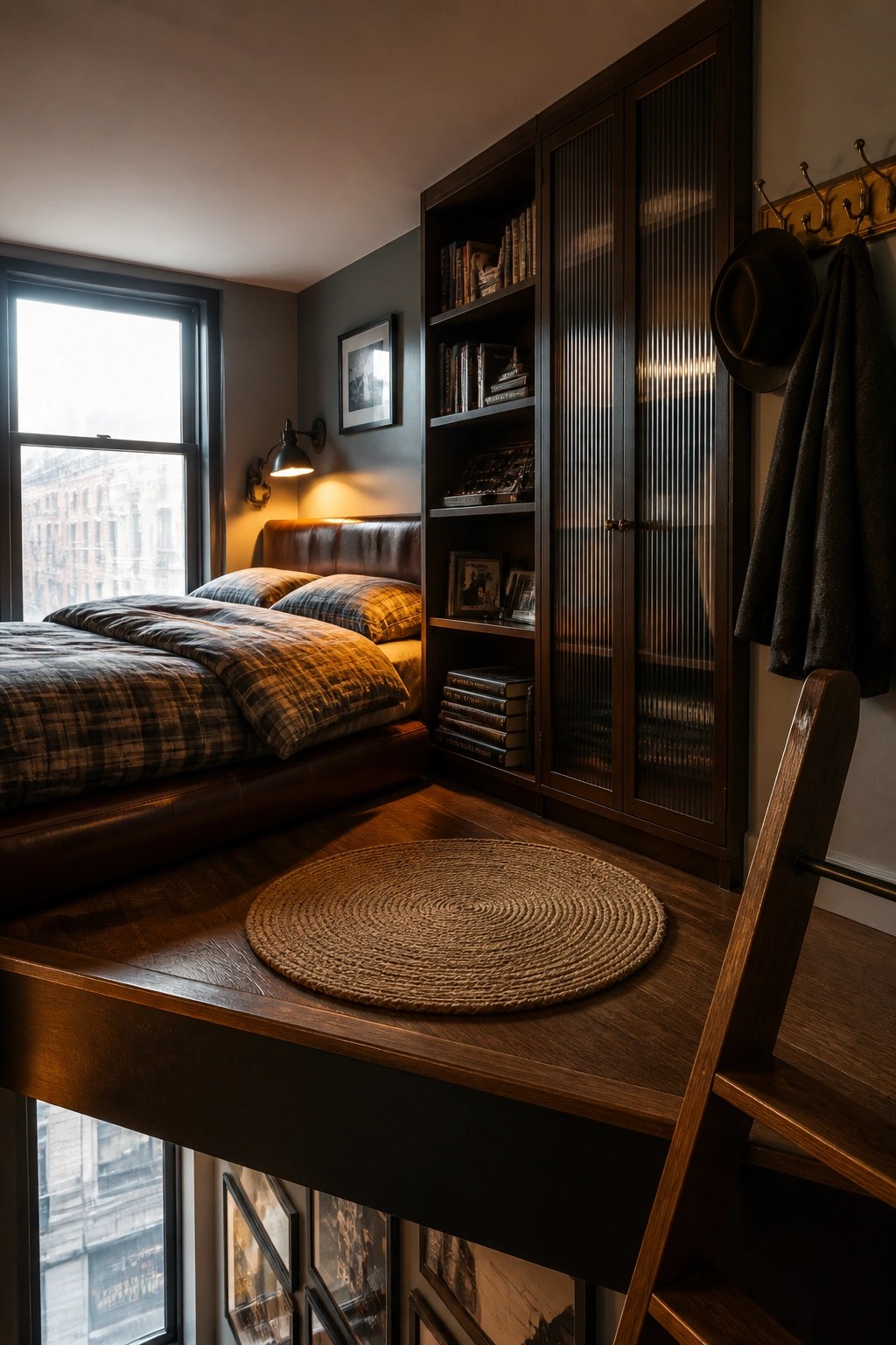 A small bedroom with a bed positioned next to a tall dark wood built-in unit that has open shelves on the left and ribbed glass cabinet doors on the right, a round woven rug on the wood floor, and a window on the left wall.