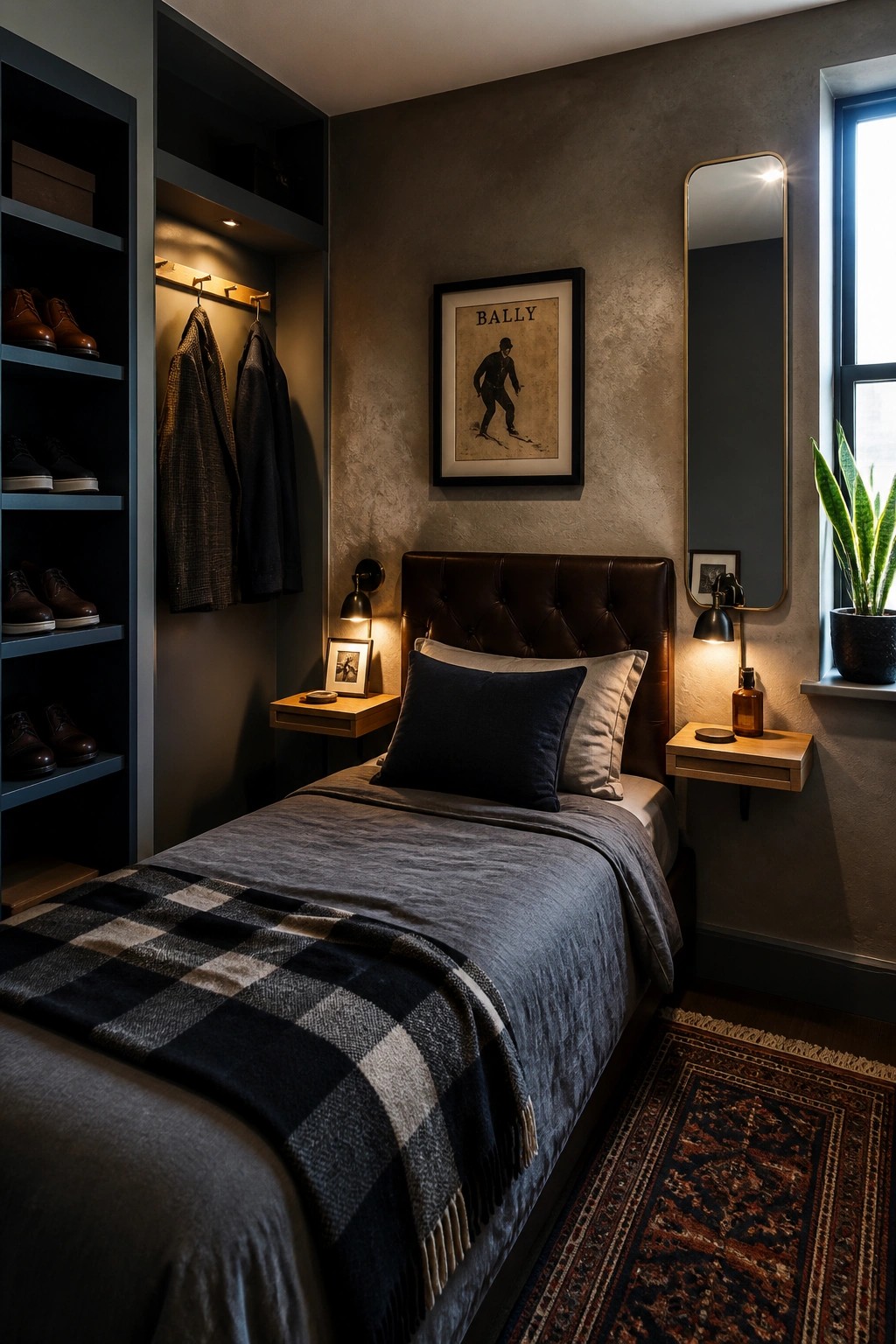 A small bedroom featuring built-in dark shelving and hanging storage on the left wall, a bed with a brown leather headboard, floating wooden nightstands, and a patterned rug on the floor.