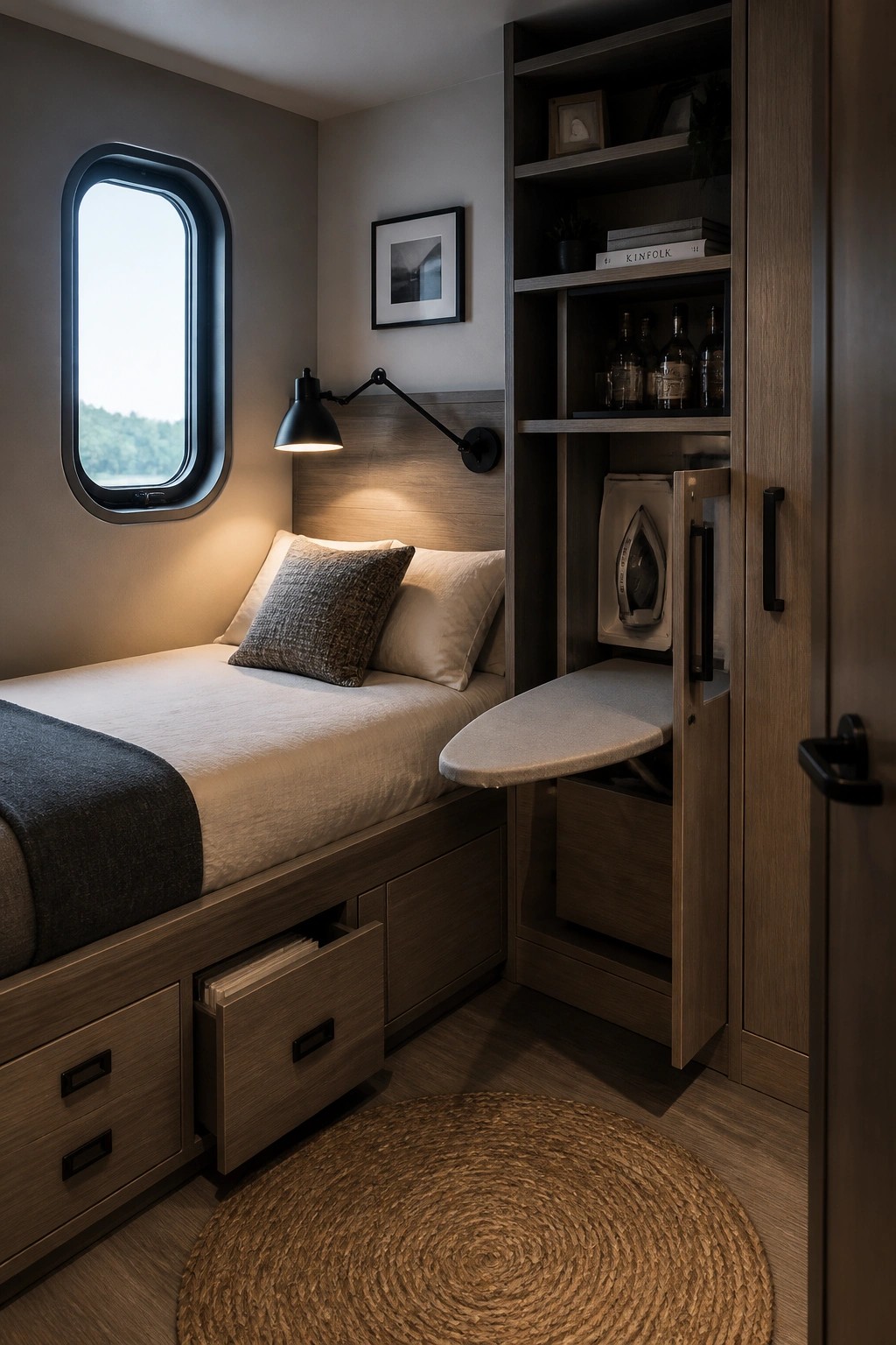 A compact bedroom featuring a bed with under-bed drawers, a tall wooden built-in cabinet with shelves, a fold-out ironing board, a round window, and a circular woven rug.