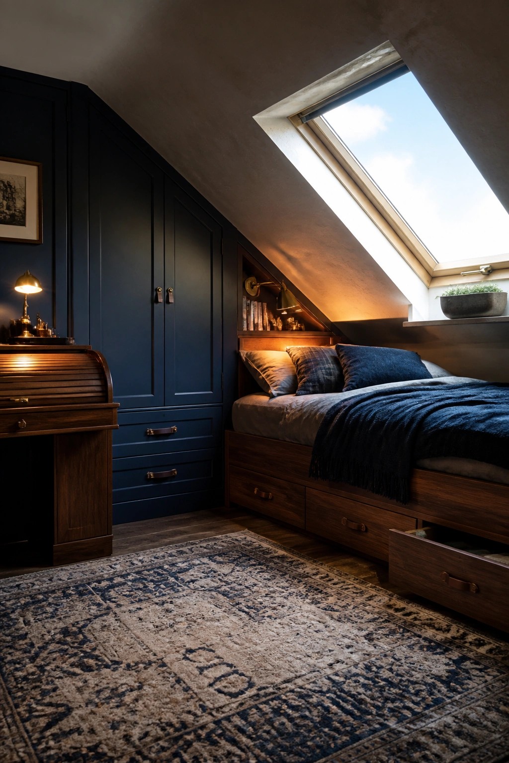 A small attic bedroom with dark blue built-in cabinets along the sloped wall, a wooden bed with storage drawers, a roll-top desk, and a skylight above.