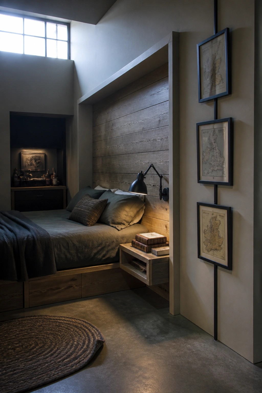 Minimalist bedroom with wooden alcove bed, wall lamp, vintage maps, and round rug.