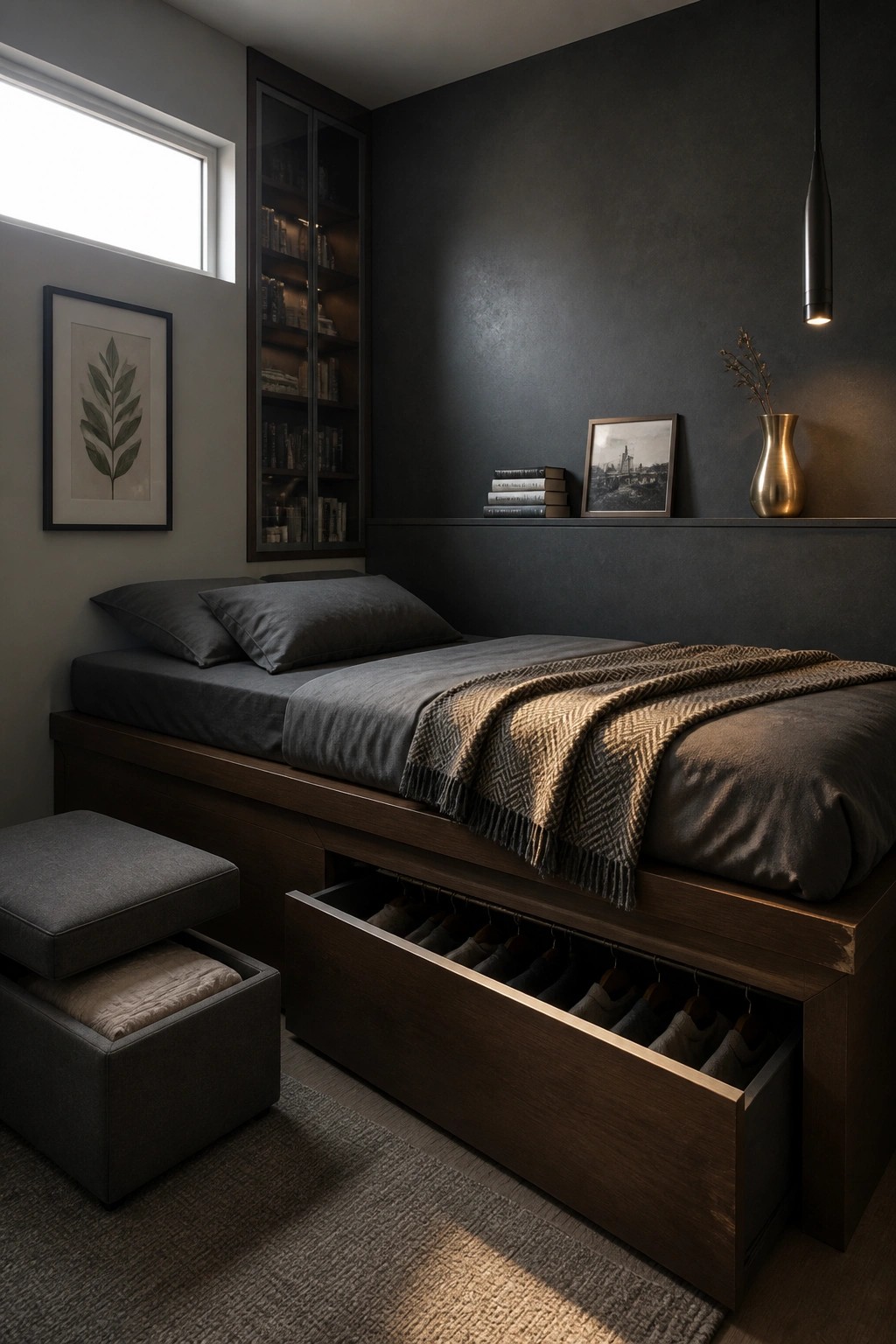 A modern small bedroom with a dark wood platform bed, open under-bed storage drawer showing hanging clothes, dark gray bedding, built-in wall shelves with books, and a window on the left wall.