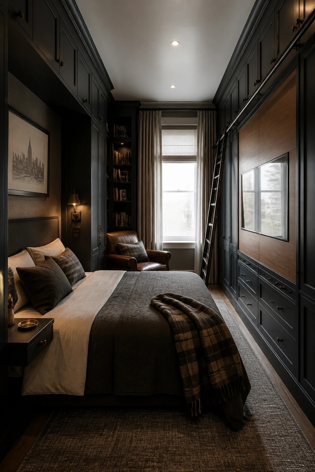 A narrow bedroom with dark floor-to-ceiling built-in cabinets, a rolling ladder, a bed with gray bedding, and a window with curtains.